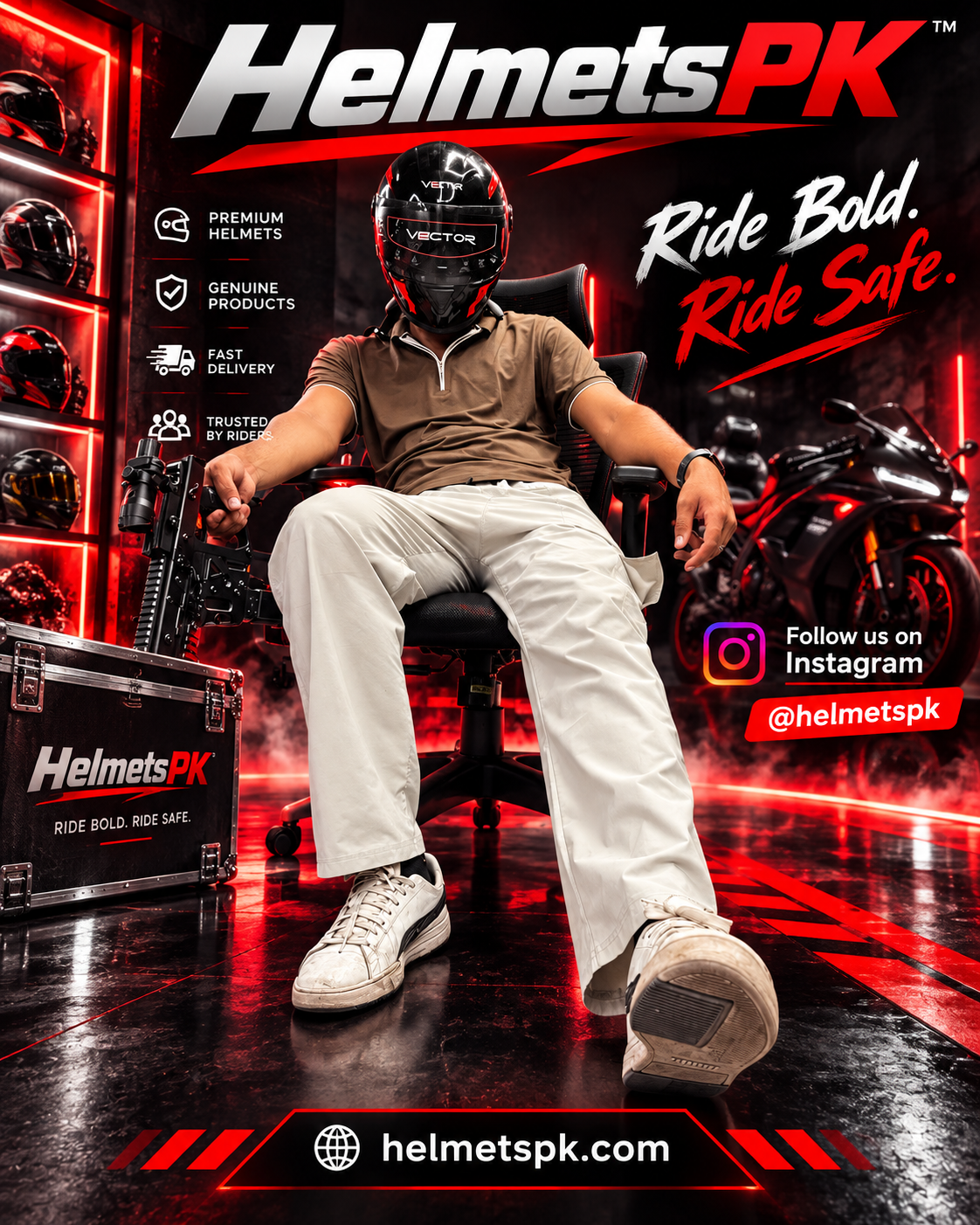 HelmetsPK campaign featuring a helmeted rider with the slogan Ride Bold. Ride Safe.